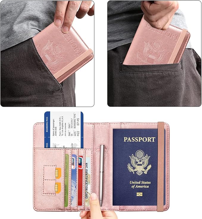 ACdream Passport Holder Cover, Leather Travel Wallet Case, RFID Blocking Document Organizer Protecrtor, with Slots for Credit Cards, Boarding Pass, for Women and Men, Rose Gold