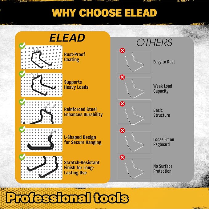 ELEAD 8-Piece Flat Pegboard Hooks, Peg Board Organizer Accessories for Hanging, Fit 1/4" Pegboard, Peg Board Tool Hangers for Garage Kitchen Workbench
