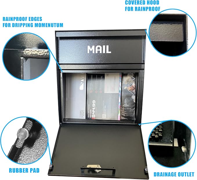 Locking Wall-Mount Large Mailbox with Outgoing Mail Flag | Galvanized Steel Rainproof Outdoor Mailbox for Homes, Apartments, Offices & Businesses, Black