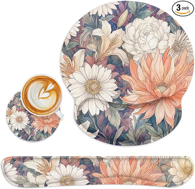 Ergonomic Mouse Pad Set with Wrist Rest, Daisy Floral Vintage | Cottagecore Non-Slip Rubber Base Wrist Cushion Support and Coasters Mousepad with Wrist Support for Computer Keyboard