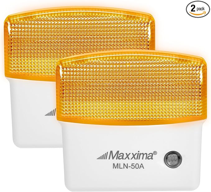 Maxxima LED Night Light with Dusk to Dawn Sensor - Featuring 25 Lumens, Plug In, Ideal for Bedrooms, Bathrooms, Basements, Hallways, and Senior Living, Amber Light - 2 Pack