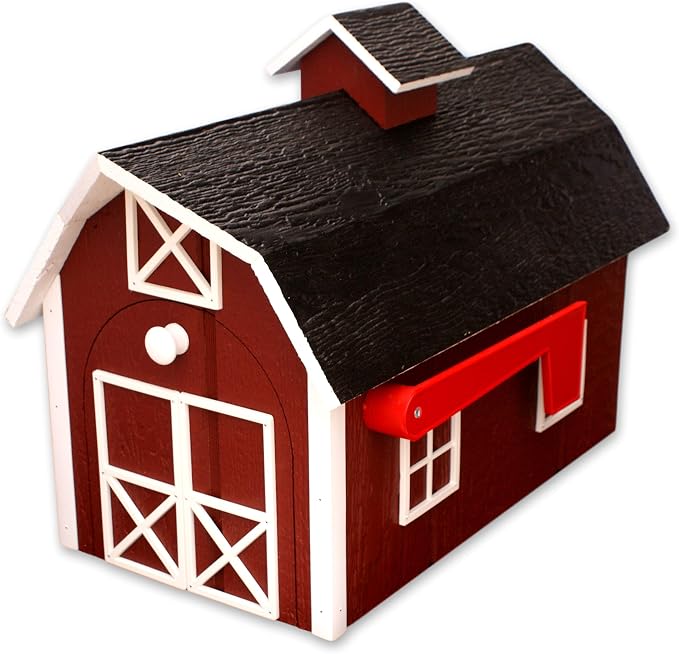 Deluxe Wooden Mailbox, Dutch Barn Style (Red with White Trim)