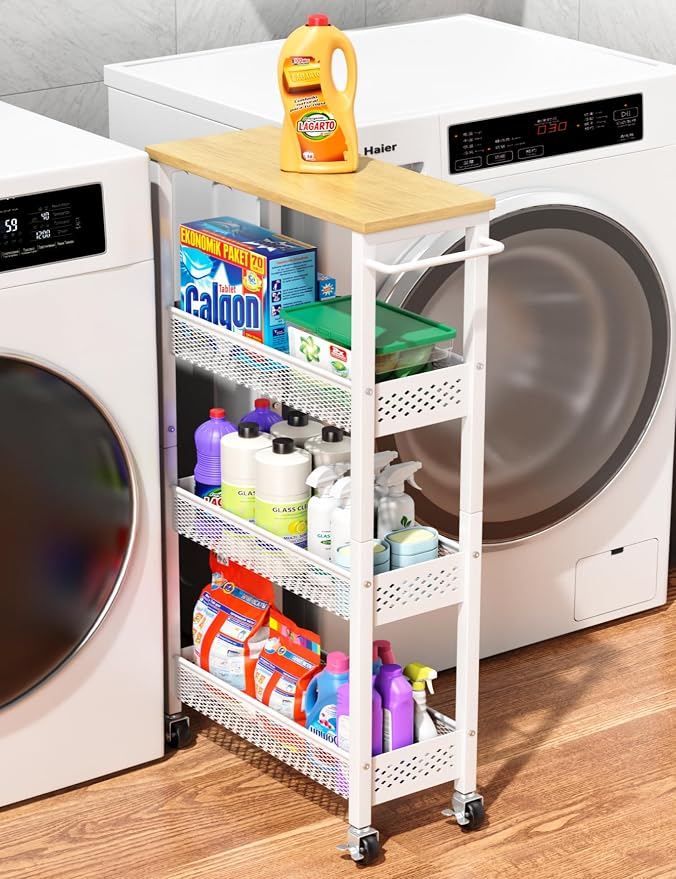 OKZEST Slim Laundry Room Organization Cart with Upgraded Metal Hub Casters | Fits between washer & dryer, 4-Tier space-saving narrow rolling cart, Premium wood top & metal mesh shelf, with handle & hook