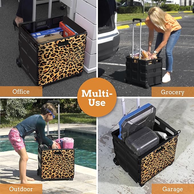 Ultra-Slim Rolling Collapsible Storage Pack-N-Roll Utility-carts, with Telescopic Handle, for Home, Garden, Shopping, Office, School use, Large, Leopard