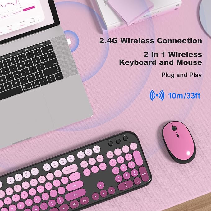 MOFII Wireless Keyboard and Mouse Combo, Full Size 2.4G Retro Round Computer Keyboard and Mouse Set, Plug and Play, for Windows, Computer, Desktop, PC, Notebook - (Black Pink Gradient)