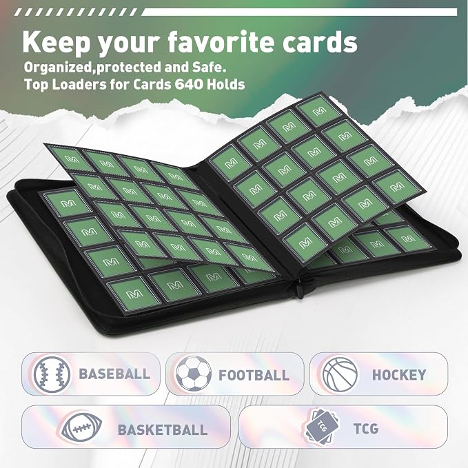 16 Pocket Toploader Binder,Holds 640 Top Loaders,Top Loader Binder for 3" x 4"Rigid Cards,Sleeves Card Collection Binder,20 Double Sided Pages,Compatible with Trading & Sports Holder (16Dark Green)