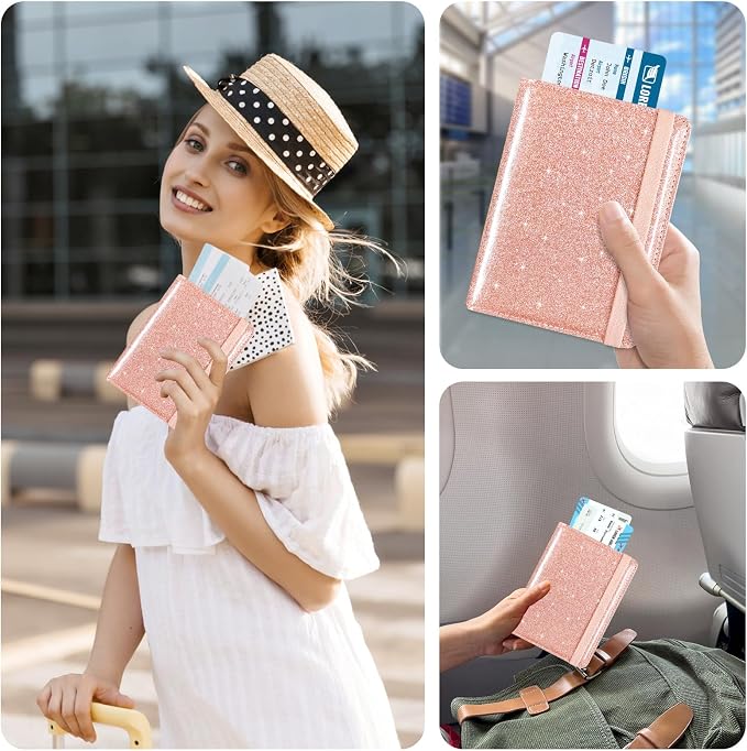 ACdream RFID BLOCKING Passport Holder Travel Wallet, Premium PU Leather Cover Passport Book with Card Holder, Pen Holder, Keep Organization, and Travel Essentials for Women and Men, Glitter Rose