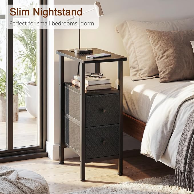 Narrow End Table with Charging Station, Small Nightstand | Skinny Side Tables Living Room with 2 Fabric Drawers, Slim Bedside Table for Bedroom, Small Spaces, Couch, Black