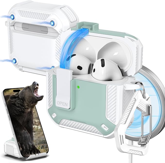 R-FUN for AirPods 4 Case with Lock Magnetic Lid MagSafe, Mint Green | Compatible with Apple AirPods 4th Generation Protective Case with Cleaner Kit & Carabiner, Powerful Drop Protection