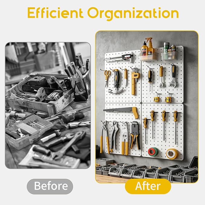 Steel Pegboard Tool Wall Organizer, 4 Pack 14.76 x 10.82 in, 6 Bins, White | 6 clear storage bins organize screws and small parts; 36 hooks and 30 peg locks keep garage tools sorted and easy to reach.