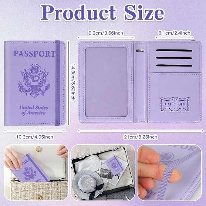 Passport Holder for Travel, RFID Blocking Passport Cover with Pen Holder Leather Passport Wallet Case Travel Must Haves Accessories Passport Book Card Holder for Family Travel Essentials Gifts, Purple