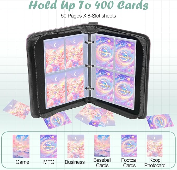 Card Binder 4 Pocket, 400 Pockets Card Holder Compatible with Game Cards Gift for Girls, Trading Card Binder Album Case Book Storage CCG, MTG, Baseball, Football, Sports - Small,Pink White