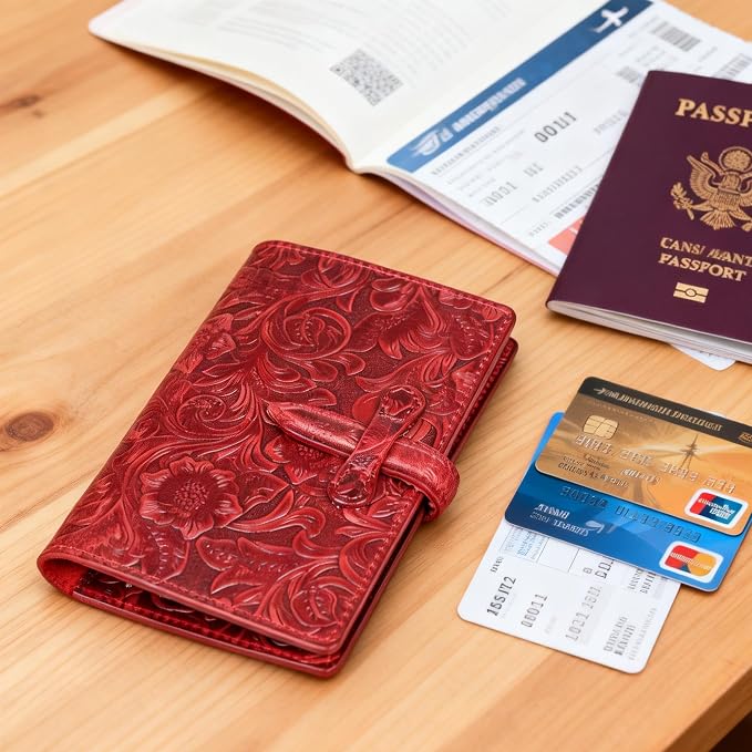 Genuine Leather Passport Holder Travel Bifold Wallet | For Men And Women Slim RFID Blocking Red