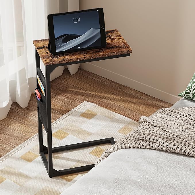 TUTOTAK C Shaped End Table, Side Table for Couch, Sofa Table | with Storage Bag, TV Tray for Living Room, Bedroom, Brown TB01BB082