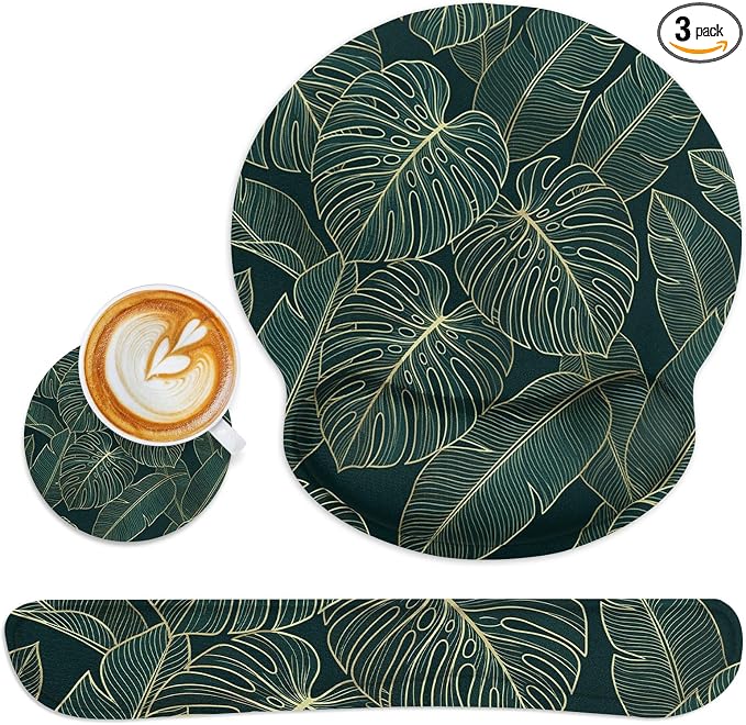 Ergonomic Mouse Pad Set with Wrist Rest, Green Palm Leaves | Tropical Botanical Non-Slip Rubber Base Wrist Cushion Support and Coasters Mousepad with Wrist Support for Computer Keyboard
