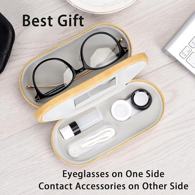 Muf 2 in 1 Contact Lens Case and Glasses Case, Double Sided Design with Mirror, Portable Travel Kit with Tweezer, Remover and Solution Bottle, Yellow