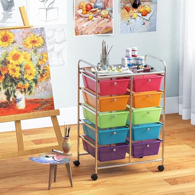 10 Drawer Rolling Cart, Storage Cart Organizer on Wheels, Drawer Cart with Metal Frame & Large Storage Capacity, Rolling Cart with Drawers for Living Room Classroom, Office