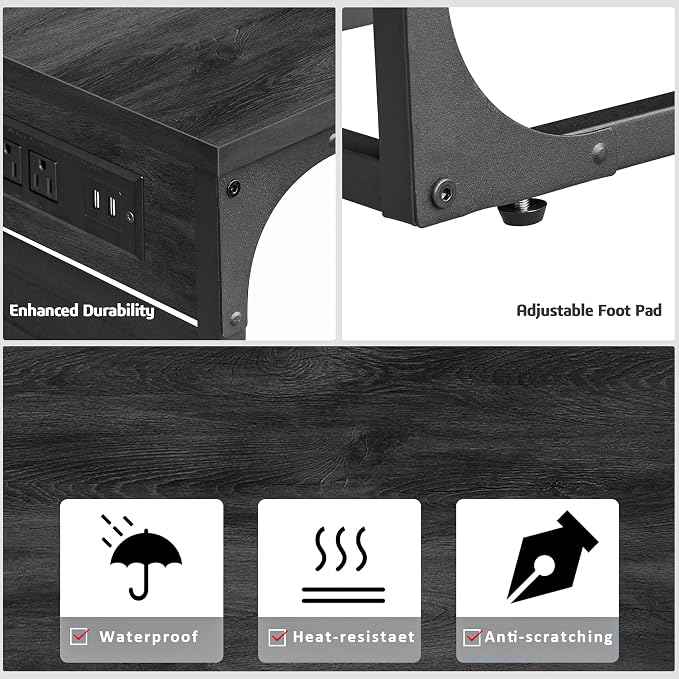 TUTOTAK C Shaped End Table with Charging Station, Side Table for Sofa | Couch Table with Storage Bag, TV Tray with 2 USB Ports and Outlets, Set of 2, Living Room and Bedroom, Grey TB01BY0242