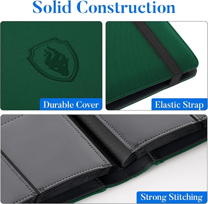 Premium 9 Pocket Card Binder for 540 Cards, Fabmaker PU Cover Trading Card Binder, Sturdy Card Collection Album, Sleek Card Holder Folders for Game Cards & Sports Cards, Dark Green