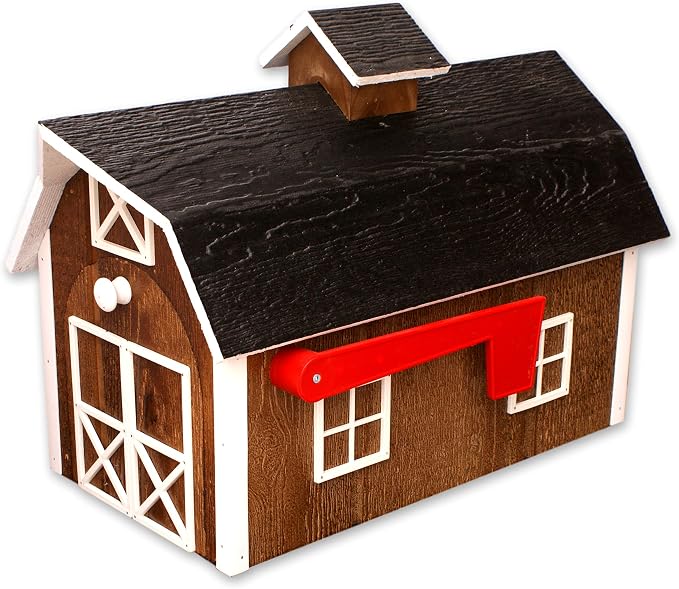 AmishToyBox Deluxe Wooden Mailbox, Dutch Barn Style (Chestnut with White Trim), Amish-Made