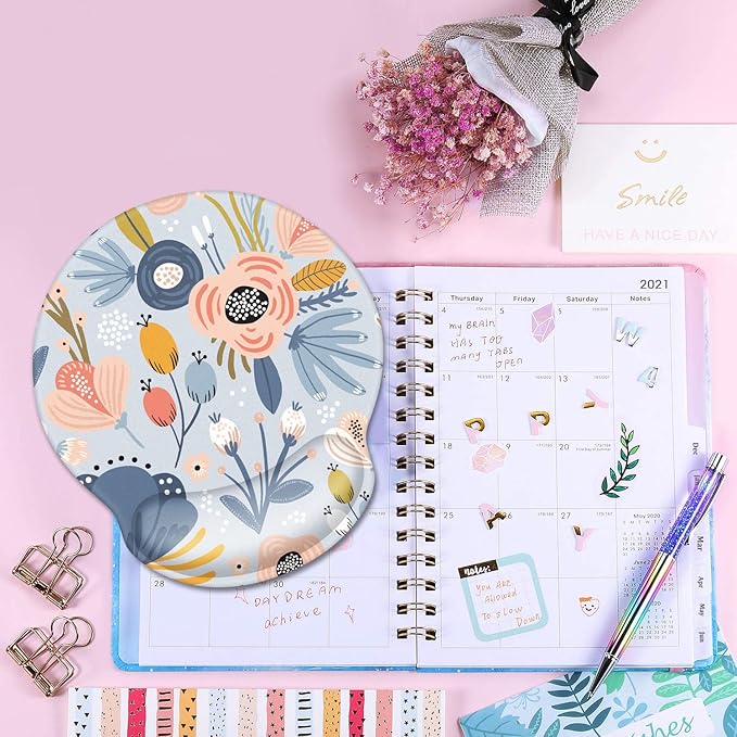 WAVEYU Ergonomic Mouse Pad with Wrist Support, Cute Pretty Mouse Mat for Women Girls Non-Slip Rubber Base Mousepad for Desk Laptop Gaming Working Computers Easy Typing & Pain Relief, Blue Flower