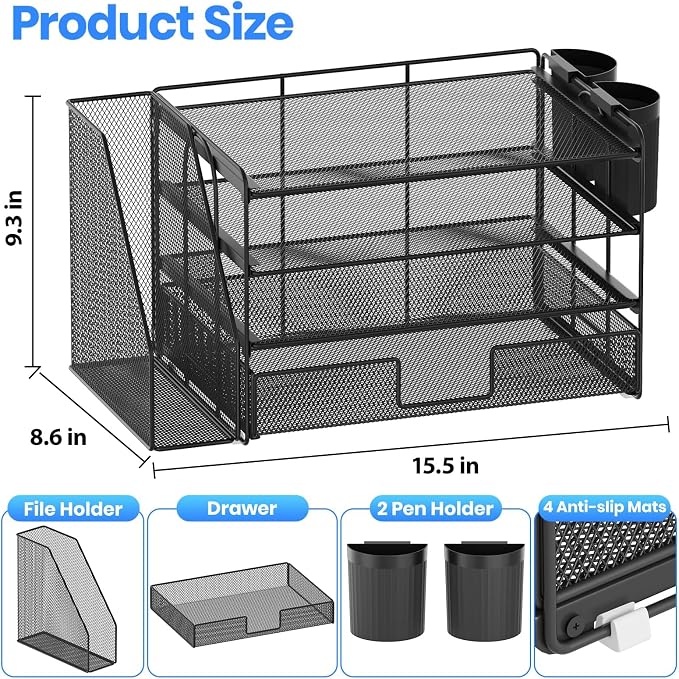 Desk Organizer, 4-Tier Desktop File Organizer with Drawer and Pen Holders, Office Desk Accessories, File Sorters, Workspace Organizers for Office Supplies(Black 2-Pack)