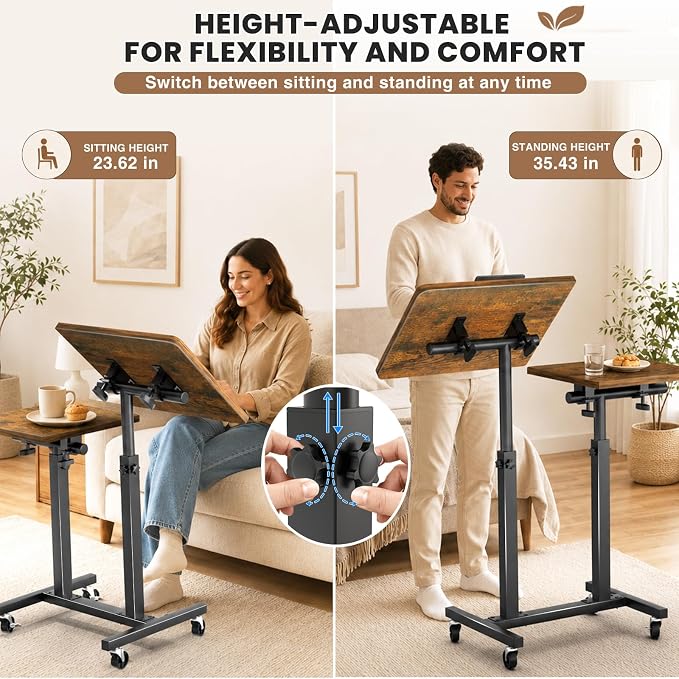 Elowen Rolling Laptop Desk with Wheels, Double-Pole Portable Overbed Table | Mobile Tilting Small Standing Desk, Large-Size Adjustable Height Computer Desk for Office Home Use