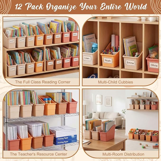 Blosssound 12 Set Book Bins for Classroom Stackable,Earth Tones | Plastic Baskets with Labels, Slanted Front, Library Supplies Organizers, Desktop Storage Bins, Teachers Home School Use