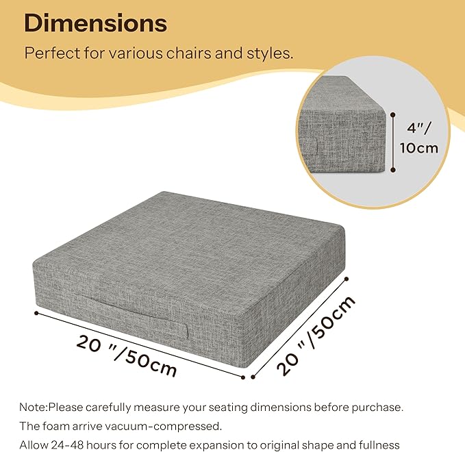 Recliner Cushions for Elderly 20X20X4 Inch Thick Seat Cushion for Recliner Chair with Non-Slip Bottom and Washable Cover Square Chair Cushions for Couch, Armchair, Floor (1, Light Grey)