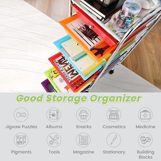 COSTWAY 10-Drawer Rolling Storage Cart, Utility Mobile Trolley | Removable Drawers & Universal Casters & 2 Brakes, Versatile Flexible Drawer Organizer Cart for Home, Office (Multi-Color)