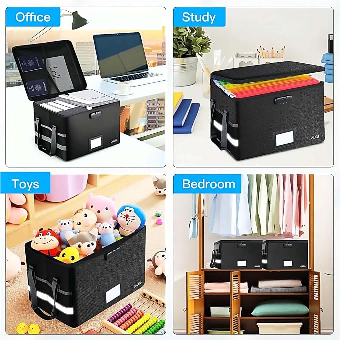 Fireproof File Box with Lock, Document Storage Organizer with Lid, Handle | File organizer Filing Storage Cabinet with Water-resistant Zipper, Home Office Safe for Hanging Letter/Legal Folder