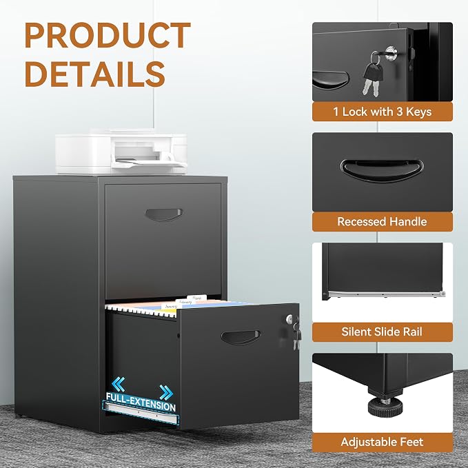 Polup 2 Drawer File Cabinet with Lock, Metal Filing Cabinet for Home Office | Small Locking Cabinet for Under Desk Storage, Printer Stand, Fits Letter Size, Black, 26"H x 15"W x 18"D, Easy Assembly