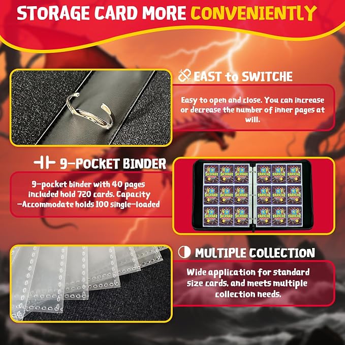 Trading Card Binder for TCG Cards, 9-Pocket Portable Card Collector Ablum Holder Book Fits 900 Cards with 50 Removable Sleeve, High Capacity Waterproof Card Binder Display Storage Carrying Cases