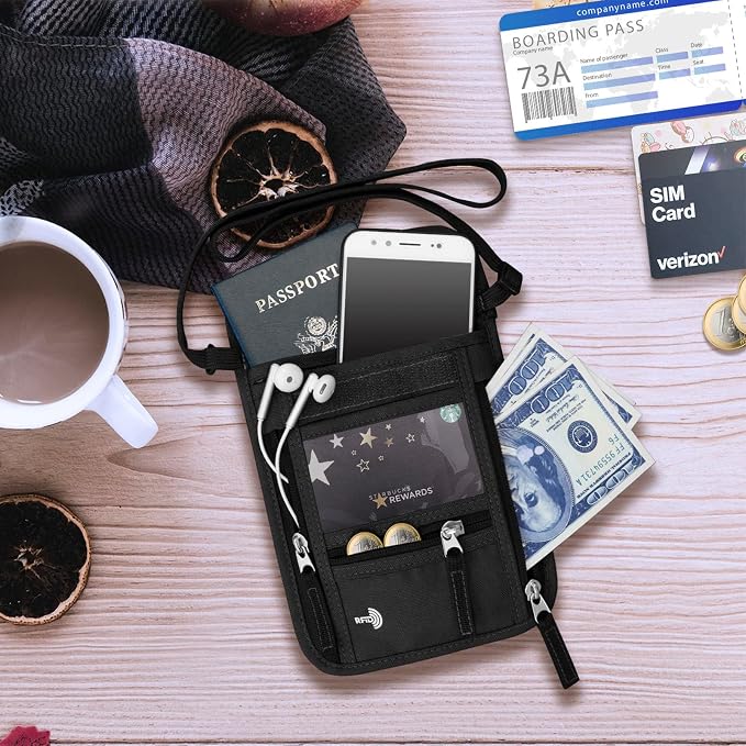 WALNEW Passport Holder Neck Pouch Travel Wallet for Women and Men, RFID Blocking Security Slim Traveling Wallet with Around Neck Lanyard Strap, Black | Around Neck Lanyard Strap, Travel Safety Anti Theft Bag, Neck Wallet for Traveling Women Men