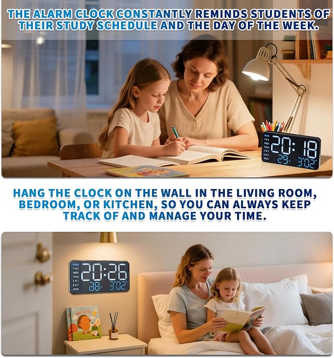 KCKJ Large Digital Alarm Clock for Bedroom & Home - with Temperature, Date and Weekday Display, Adjustable Brightness & Volume, Dual Use for Desk or Wall Mount