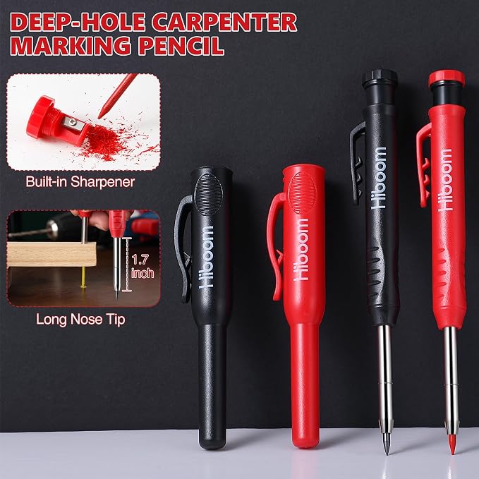 Hiboom 2 Pcs Carpenter Mechanical Pencils Marker with 18 Pcs Refills Construction Woodworking Marking Pens with Built in Sharpener and Protective Cap Long Solid Tip for Architects Woodworkers