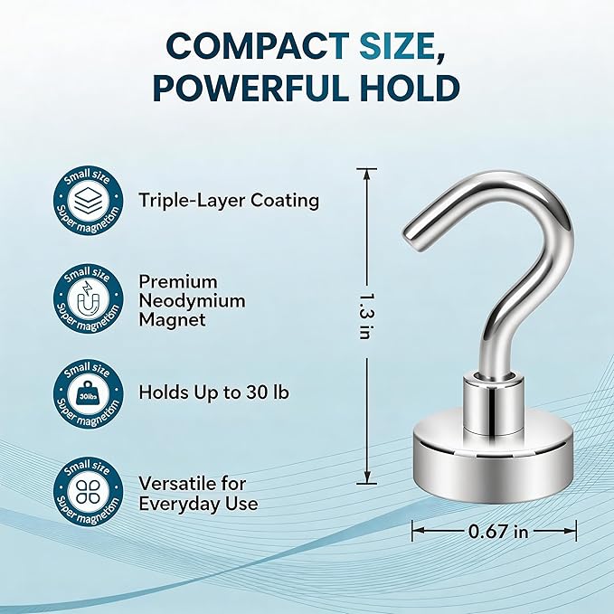 Neosmuk Magnetic Hooks, Heavy Duty 30lb+ Strong Magnet Hook for Cruise Cabins, Cruise Essentials 2026 for Hanging, Metal Wall Refrigerator Hangers (Silver White, 15 Pack)