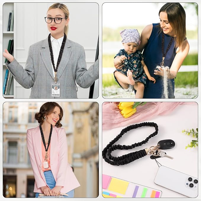 Prudiut Scrunchie Lanyard for Id Badges, Teacher Gifts Lanyards Black Stretchy Scrunchie Lanyard with Id Holder for Women