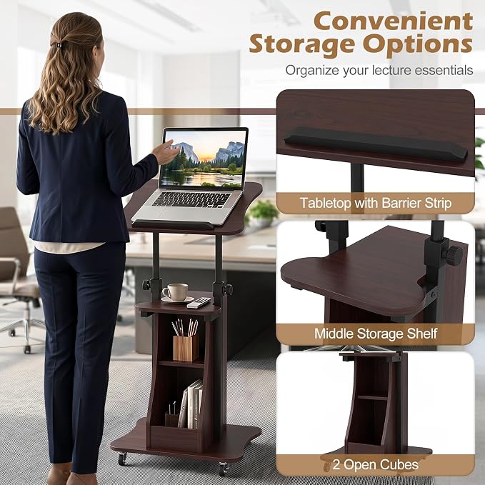 Tangkula Mobile Lectern Podium, Height Adjustable Podium Stand, Sit-to-Stand Desk with Tilting Tabletop & Storage Shelves, Rolling Laptop Cart Desk with Lockable Casters for Home Office School (Brown)