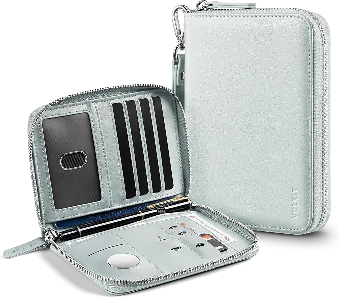 VULKIT Passport Holder for Travel with Airtag Slot RFID Blocking | Premium Nappa Leather Zipper Closure with Wrist Strap Travel Document Organizer for Passport Tickets Cash Cards Sim Cards