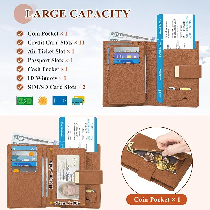 BKNOOU Passport Wallet with Airtag Slot- Leather Travel Passport Holder for Women & Men, Slim RFID Blocking Travel Passport Holder Holds Cards & Tickets & Cash (Brown)