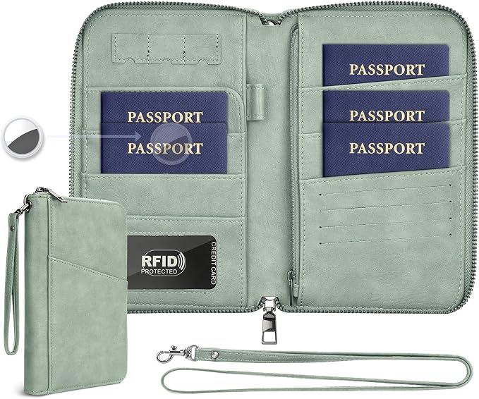 Family Passport Holder Wallet RFID Travel Document Organizer for Women Men, Portable Case Cover for Cards, Boarding Pass with Wrist & Neck Double Strap, Travel Gifts (Sage Green, 1pack)