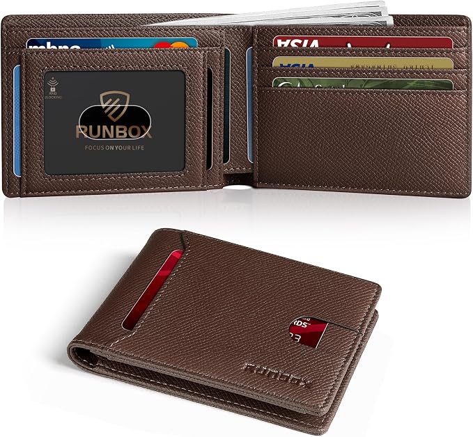 RUNBOX Wallet for Men, Slim Leather Bifold, RFID Blocking Card Holder | Minimalist Front Pocket Design, Credit Card Organizer, Holds 11 Cards, Large Capacity, Thin Profile, Birthday Gifts for Men