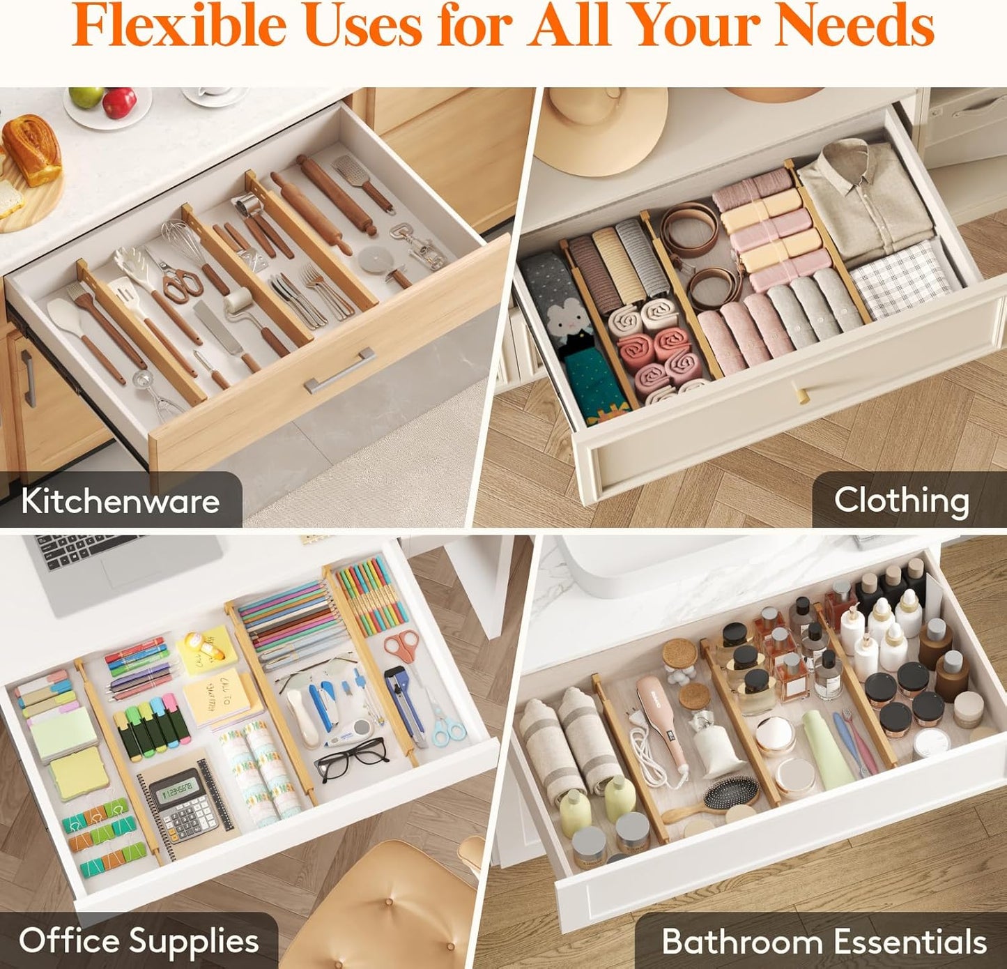 Lifewit 6 Pack Drawer Dividers Bamboo 2.4" High, 16-22" Adjustable Drawer Organizers for Clothes, Wooden Dresser Separators in Bedroom/Bathroom/Kitchen/Fridge/Office Organization and Storage