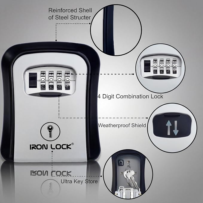 Iron Lock® Medium Wall Mount Combination Key Lock Box, Outdoor (Grey) | Screw-in wall mount (4 screws + 4 anchors) — not magnetic, does not hang; weather-resistant zinc alloy, includes key hanger