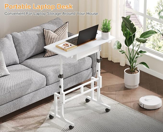 Cidaziya Adjustable Height Standing Desk for Walking Pad Treadmill, Portable Rolling Desk for Laptop with Drawer, Small Moblie Sit to Stand Desk On Wheels with Stiffener for Home Office Dorm Bedroom