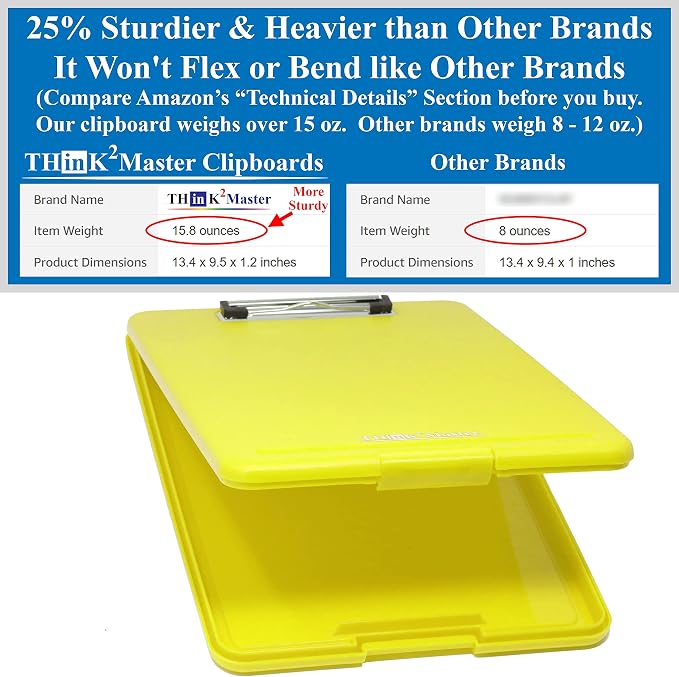 Think2Master Yellow Plastic Storage Clipboard. | 25% Heavier & 25% Sturdier| Heavy Duty and Won’t Flex or Bend Like Other Brands (Compare The Weight). Storage Compartment Holds 150 Letter Sized Paper.