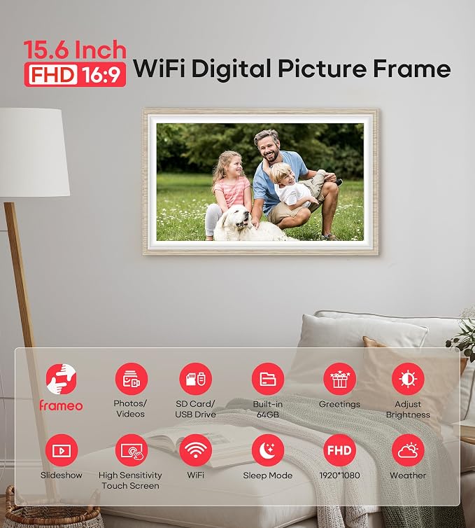 64GB Frameo 15.6" Digital Picture Frame Large 1920 x 1080 IPS FHD Touch Screen WiFi Electronic Photo Frames Share Moments Instantly Anywhere Best Gifts for Parents and Grandparents White Wood