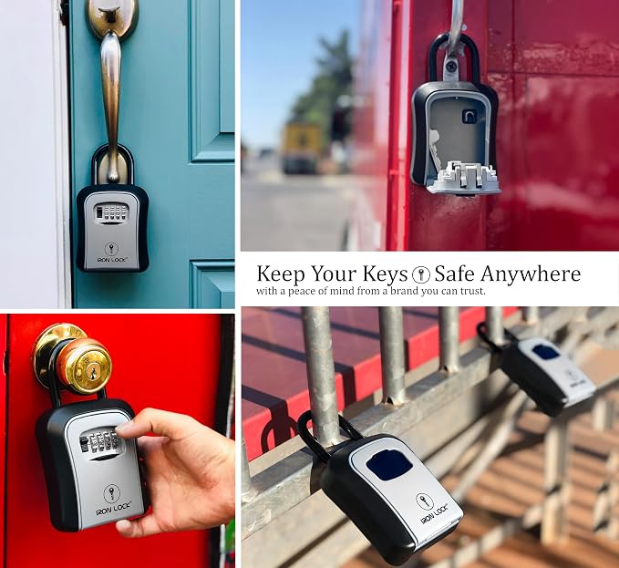 Iron Lock® Medium Key Lock Box with Code, U-Shackle Opens Fully Out (Grey) | Built-in key hooks + catch tray; hangs on handles, gates, fences or a hasp; wall-mountable; dial cover; no batteries