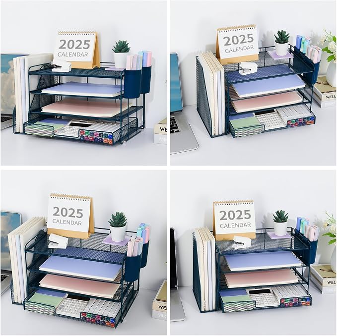 Desk Organizer, 4-Tier Desktop File Organizer with Drawer and Pen Holders, Office Desk Accessories, File Sorters, Workspace Organizers for Office Supplies(Dark Blue)